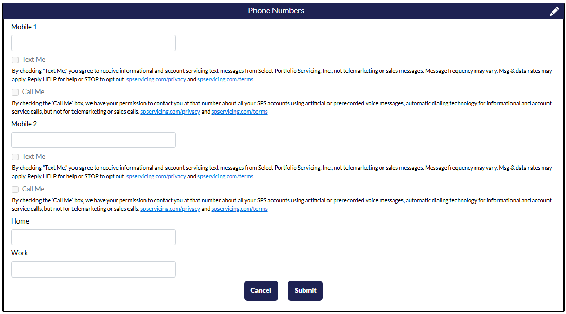 The Phone Numbers tile showing the Mobile 1, Mobile 2, Home, and Work number fields, the Text Me and Call Me check boxes with their consent notices, and the Cancel and Submit buttons