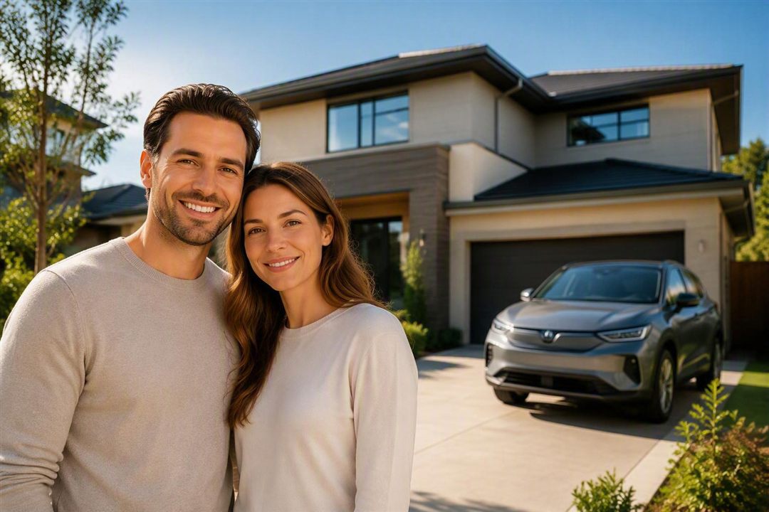 A smiling couple in front of their home and car